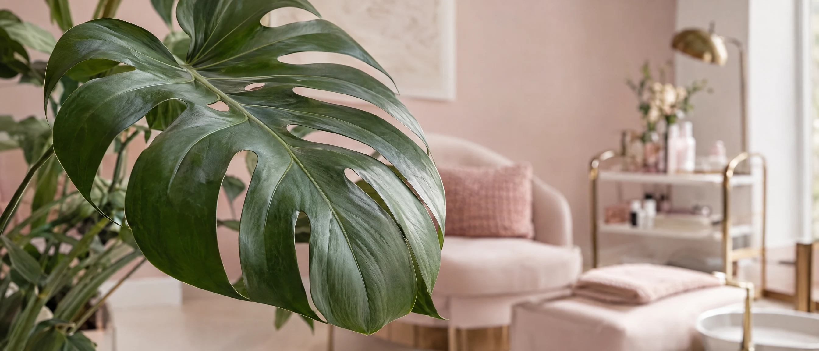 Monstera-Blatt im Tageslicht vor einer rosé Wand