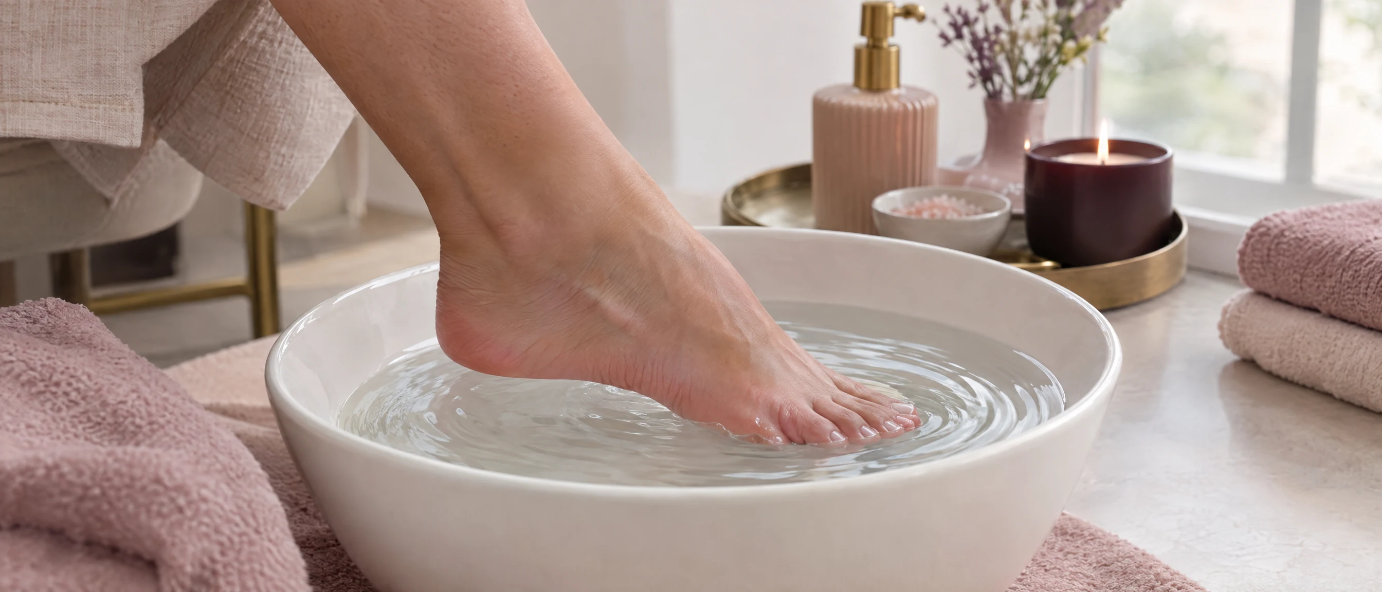 Ein Fuß gleitet in eine weiße Schale mit warmem Wasser